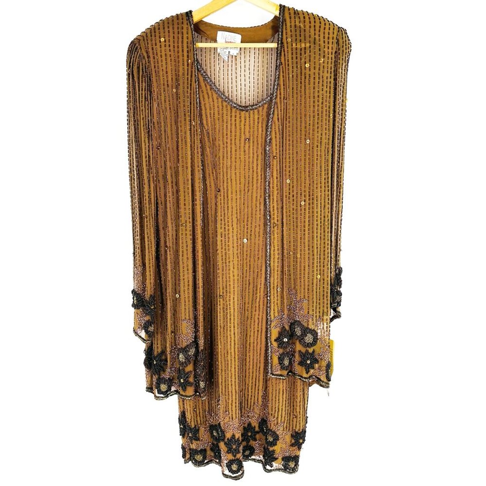 Vintage Nadine Boutique Brown Hand Beaded Sequined Silk Dress & Cardigan Set S - Picture 1 of 12